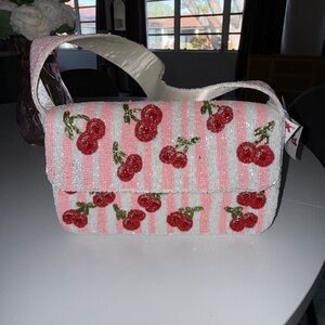 Cherry Beaded Stripe Shoulder Bag - Pink & White